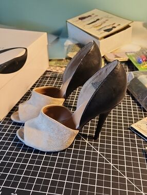 Nine West Two-Tone Peep Toe Heels in Beige and Black